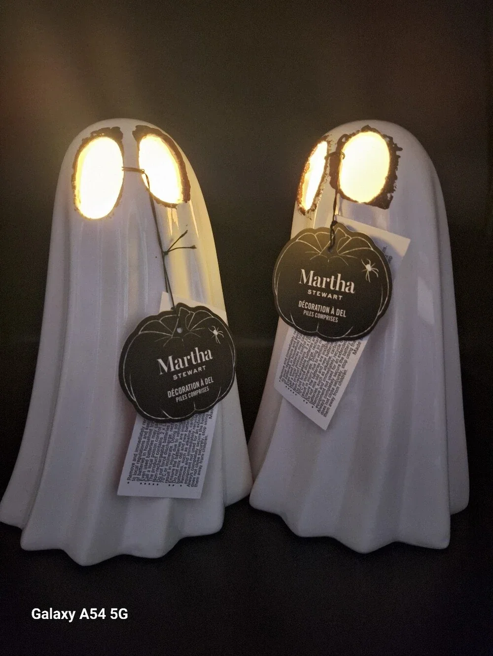Martha Stewart White Ceramic Ghost Pair with Brown Distressed Eyes